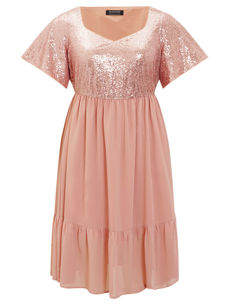 Sequin Patchwork Belted Flutter Hem Midi Dress