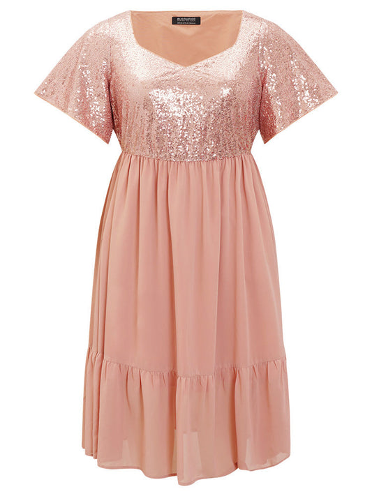 Sequin Patchwork Belted Flutter Hem Midi Dress