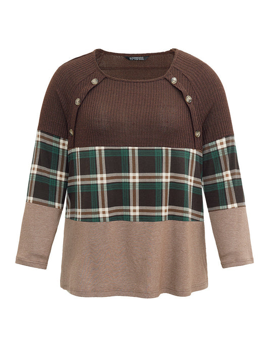 Colorblock Plaid Patchwork Button Detail T-shirt