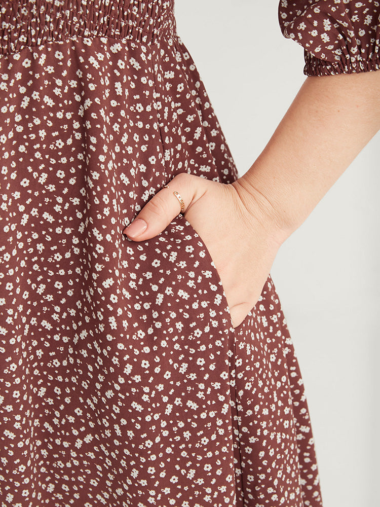 Ditsy Floral V Neck Shirred Pocket Ruffle Hem Dress