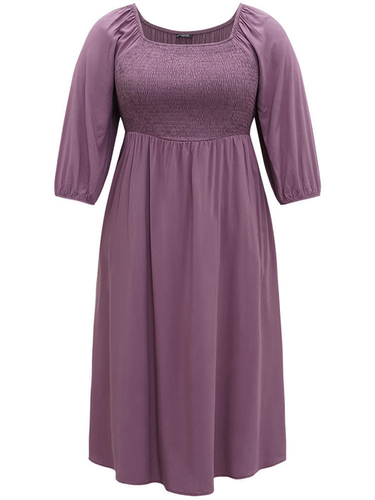 Plain Shirred Square Neck Elastic Cuffs Dress