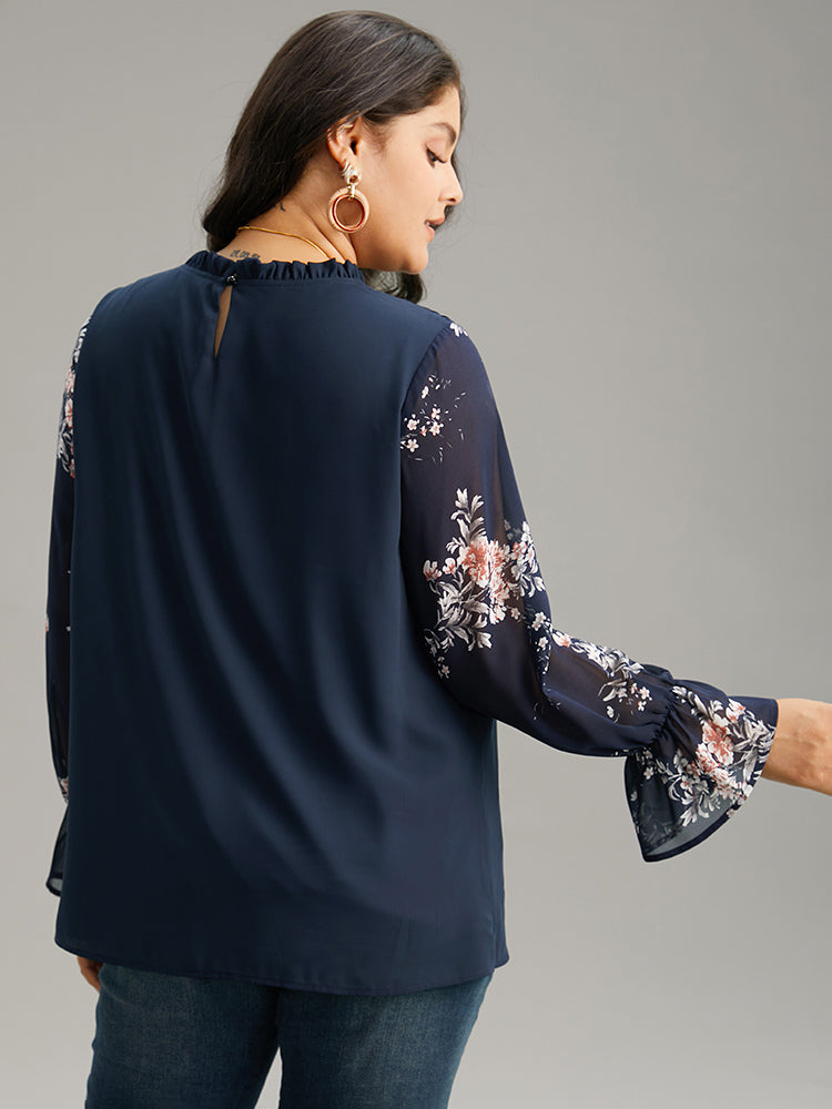 Twill Floral Patchwork Shirred Mesh Frill Trim Blouse