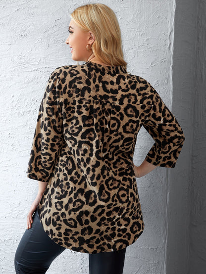 Leopard Print Notched Neck High Low Hem Blouse