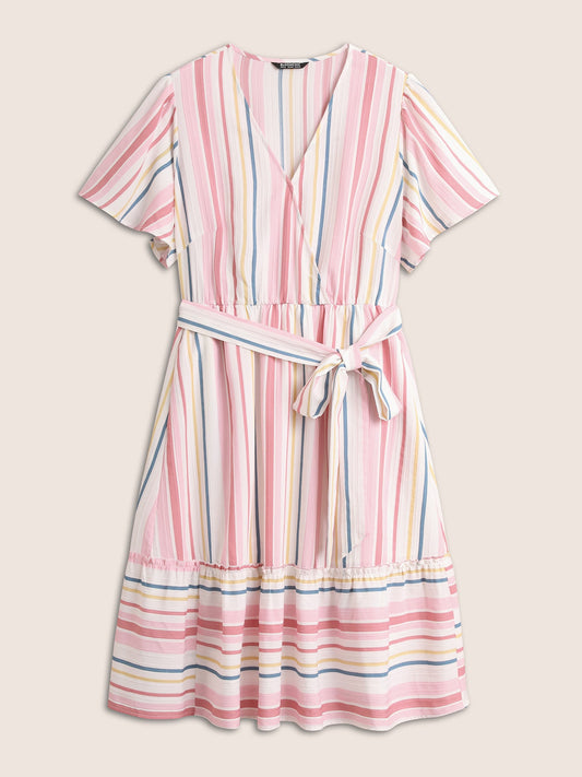 Striped Wrap Patchwork Belted Frill Trim Dress