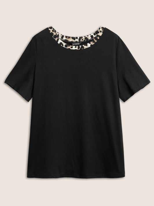 Round Neck Leopard Print Patchwork T-shirt