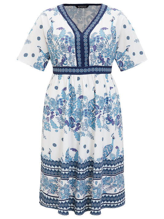 Bandana Print Ruffles Pocket Batwing Sleeve Dress