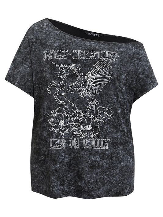 Unicorn & Floral  Print One Shoulder Vintage T-shirt