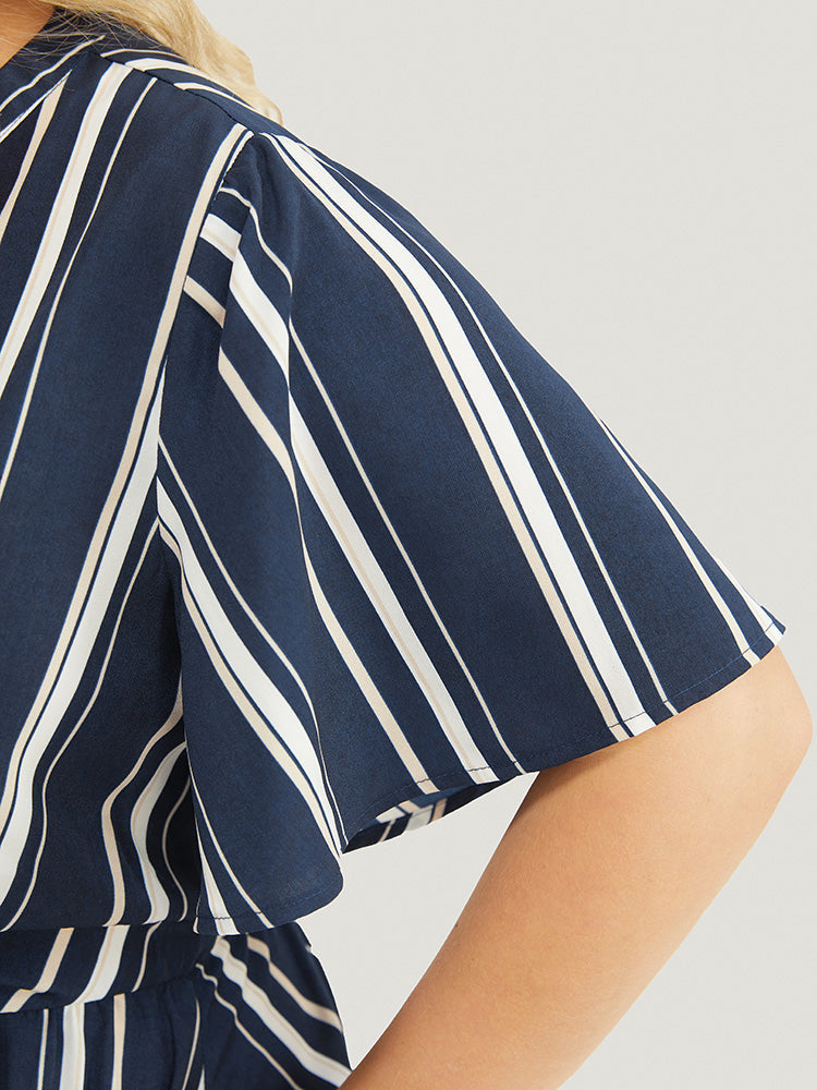 Striped Knotted Front Contrast Flutter Hem Pocket Dress
