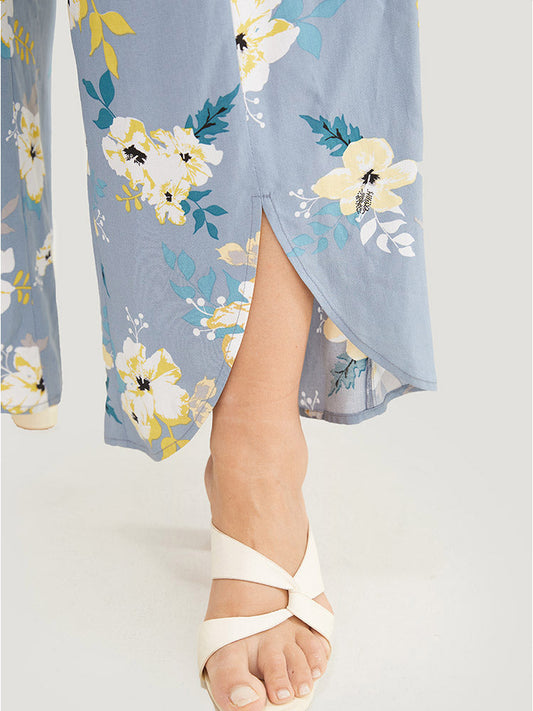 Floral Print Ruffle Trim Pocket Split Back Cami Jumpsuit