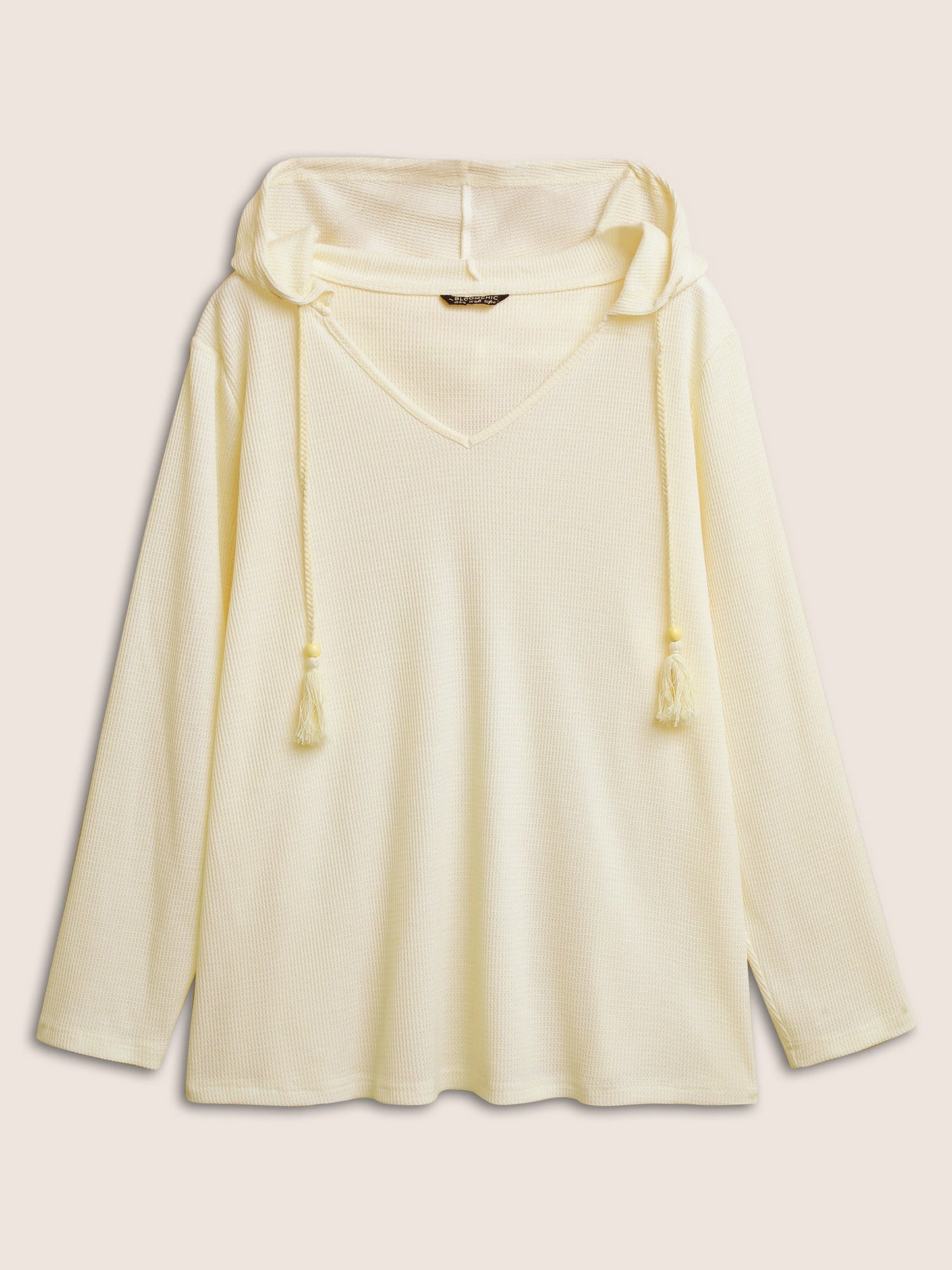 Plain Waffle Knit Tassel Trim Hooded Sweatshirt