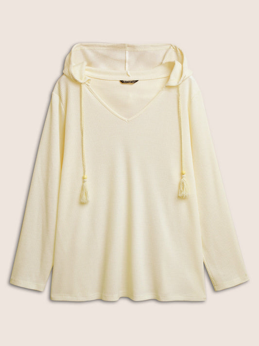 Plain Waffle Knit Tassel Trim Hooded Sweatshirt