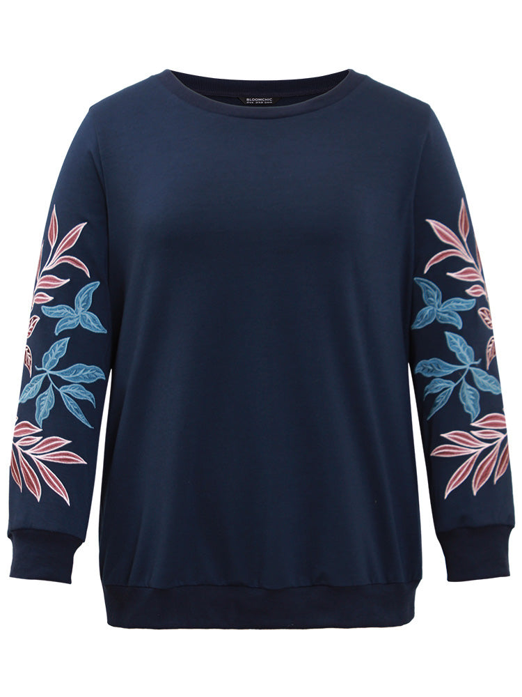 Plants Embroidered Rib Knit Crew Neck Sweatshirt