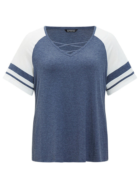 Color Block Contrast Crisscross V Neck Raglan Sleeve T-shirt