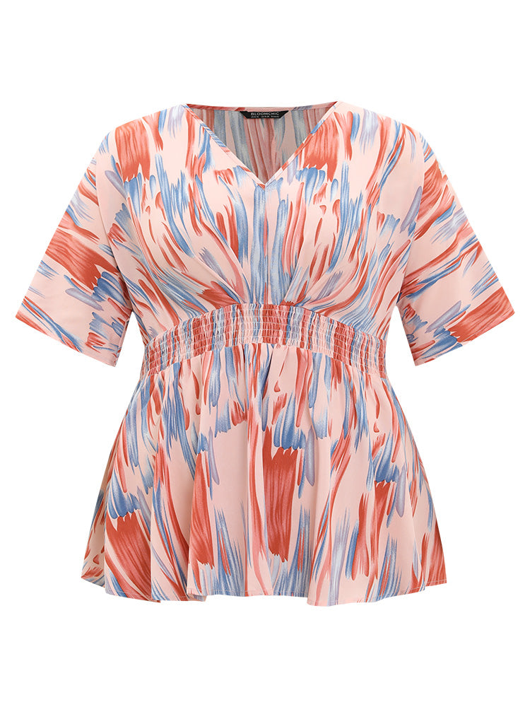 Allover Print Batwing Sleeve Shirred Blouse