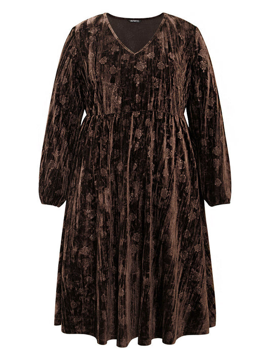 Solid Texture Velvet V Neck Lantern Sleeve Dress