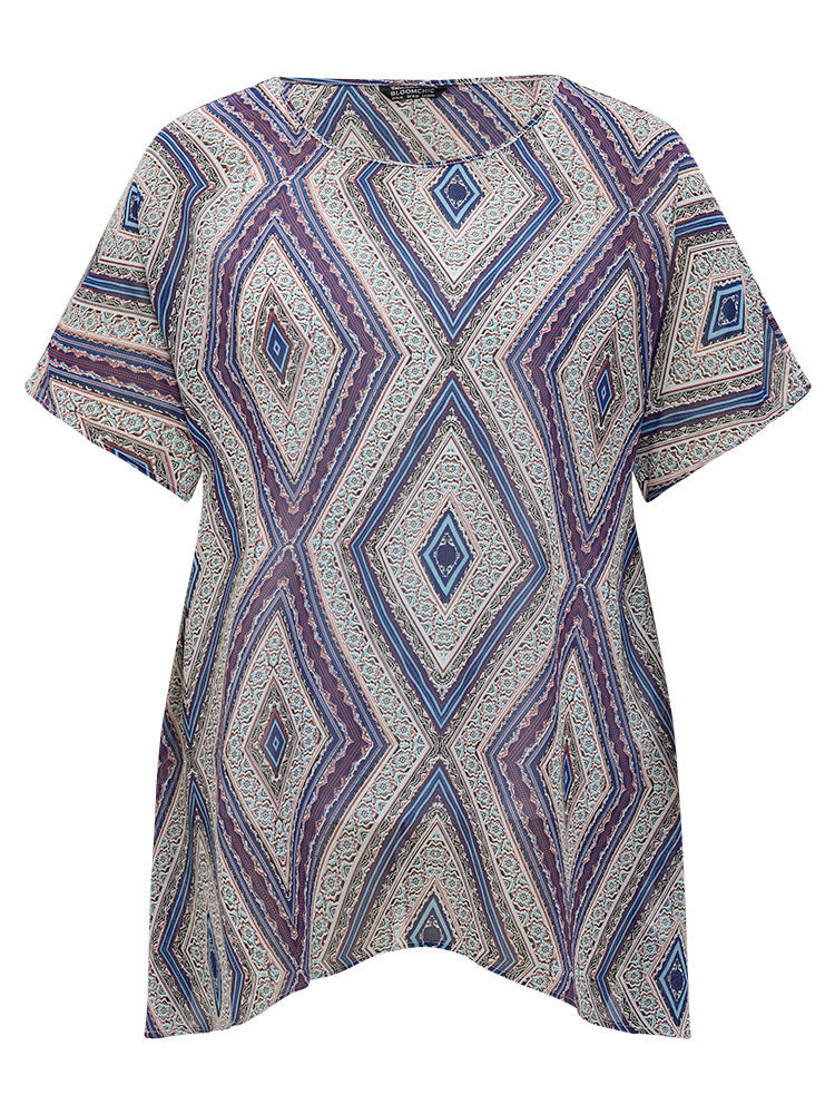 Moroccan Print Asymmetrica Hem Batwing Sleeve Blouse