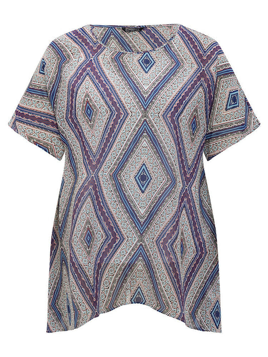 Moroccan Print Asymmetrica Hem Batwing Sleeve Blouse