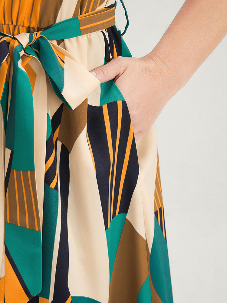 Geometric Contrast Notched Pocket Ruffles Belted Arc Hem Dress