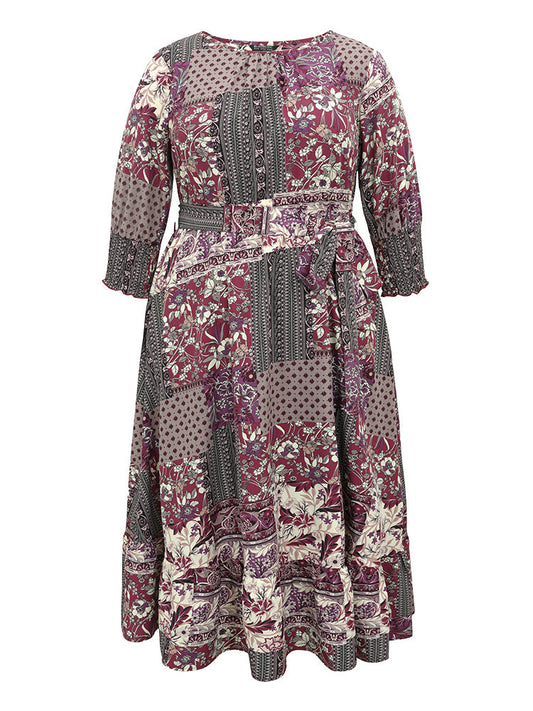 Boho Print Belted Shirred Ruffle Layered Hem Dress