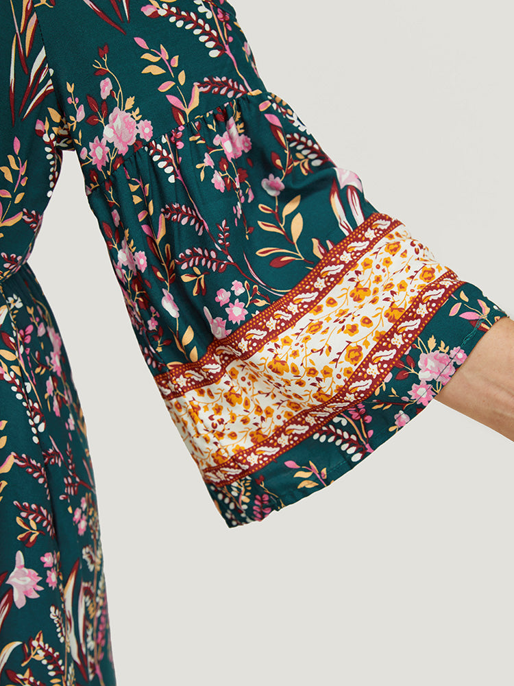 Bandana Pocket Cold Shoulder Bell Sleeve Ties Ruffle Dress