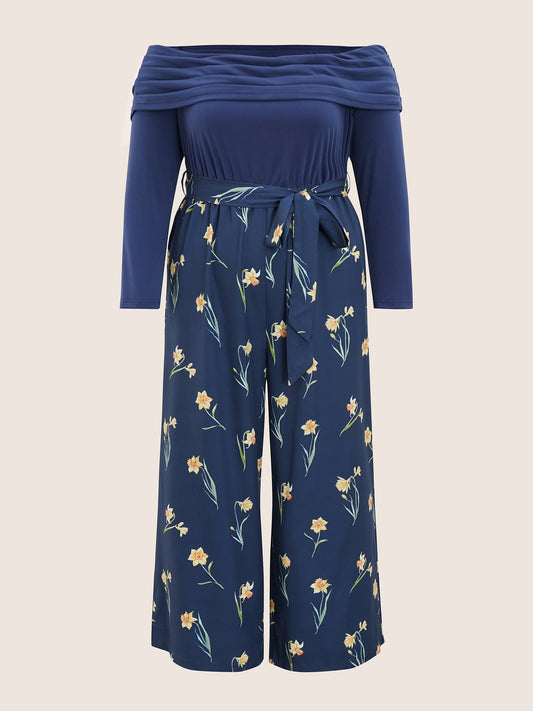 Off Shoulder Floral Patchwork Ruched Belted Jumpsuit