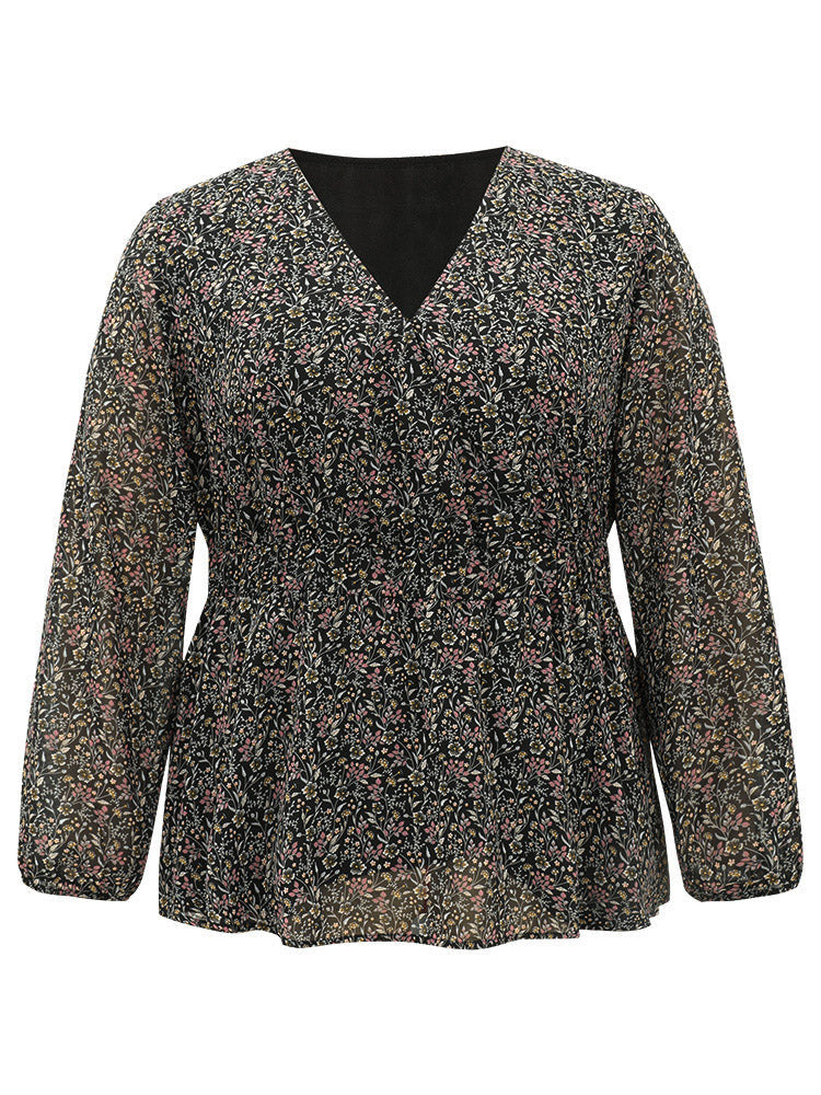 Ditsy Floral Shirred Lantern Sleeve Blouse