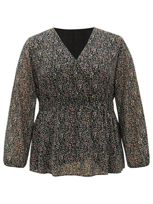 Ditsy Floral Shirred Lantern Sleeve Blouse