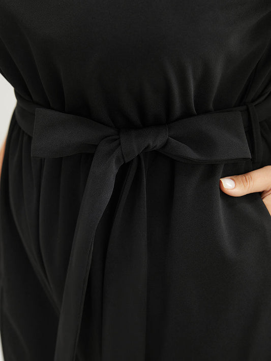 Solid Notched Square Neck Belt Split Hem Jumpsuit