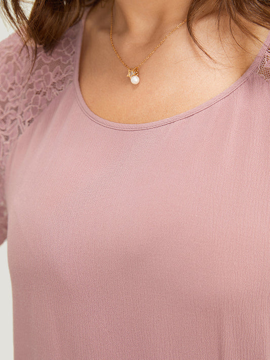 Plain Lace Raglan Sleeve Ruffle Tiered Asymmetrical Blouse