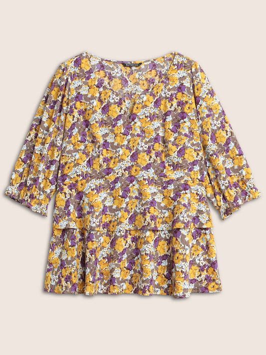 Floral Allover Print Ruffles Tiered Hem Blouse