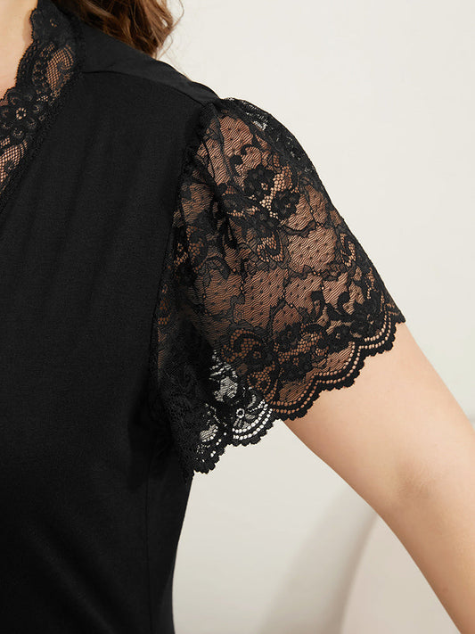 Plain Contrast Lace Scallop Trim Pocket Night Dress