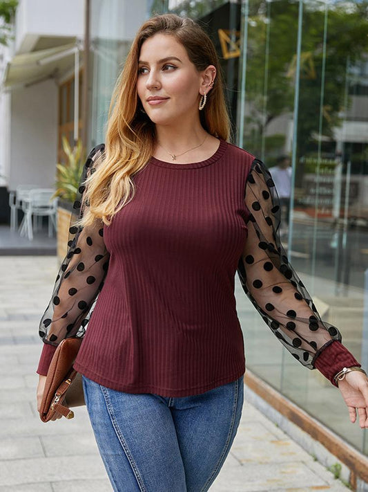 Polka Contrast Mesh Round Neck T-shirts