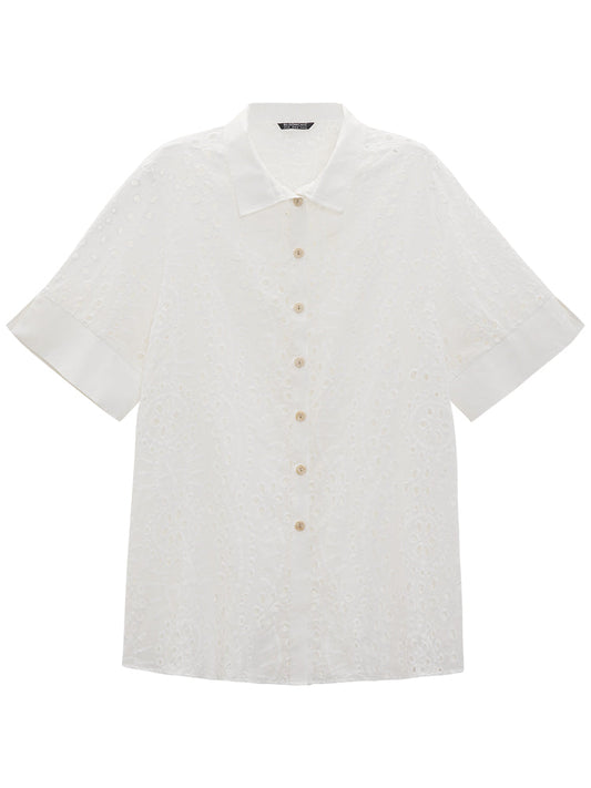 Plain Shirt Collar Broderie Anglaise Open Front Kimono
