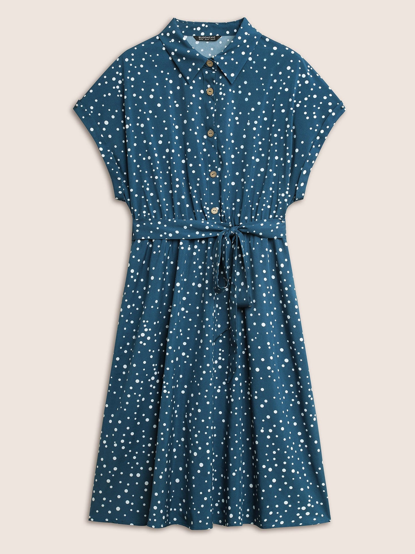 Polka Dot Elastic Waist Belted Batwing Sleeve Dress