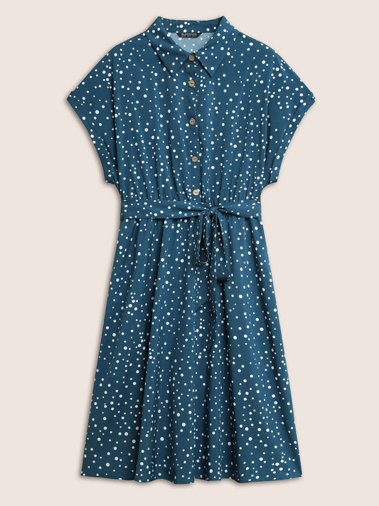 Polka Dot Elastic Waist Belted Batwing Sleeve Dress