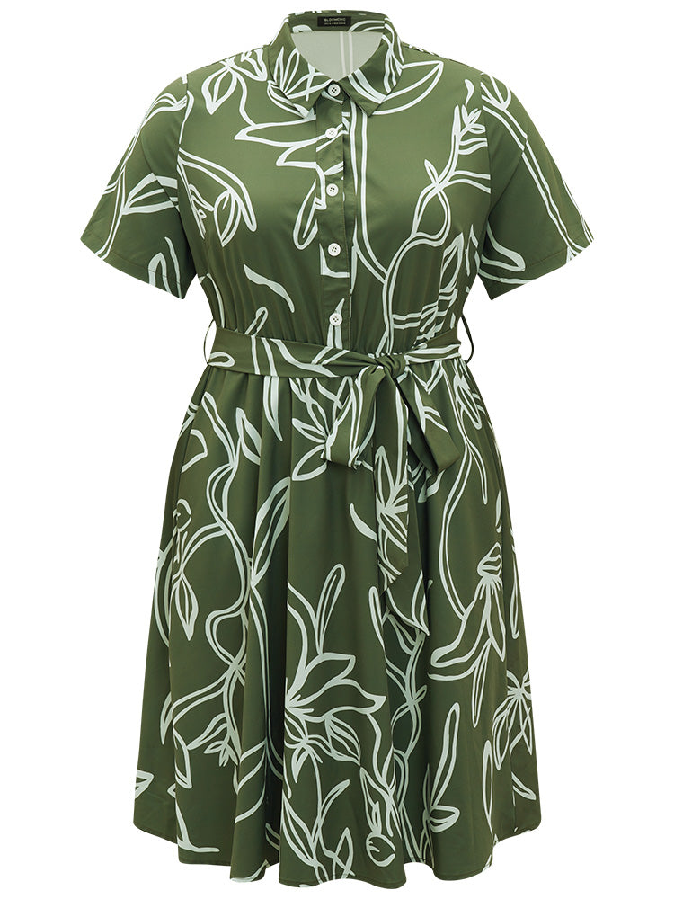 Graphic Print Belted Shirt Collar Button Up Dress