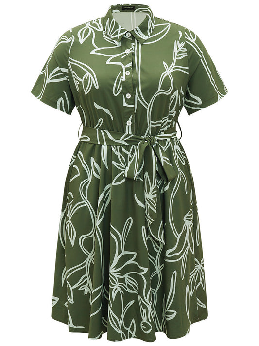 Graphic Print Belted Shirt Collar Button Up Dress