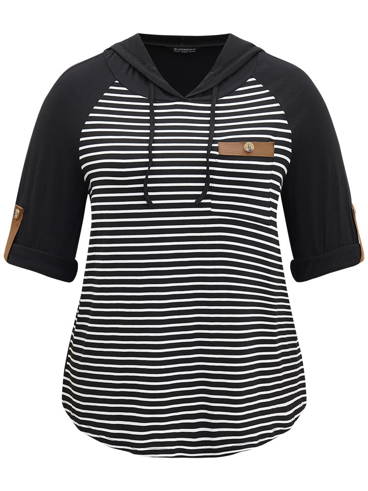 Striped Patched Pocket Button Detail T-shirt