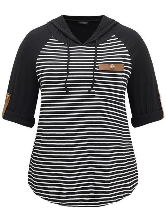 Striped Patched Pocket Button Detail T-shirt
