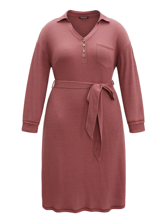 Waffle Knit Belted Lapel Collar Pocket Dress