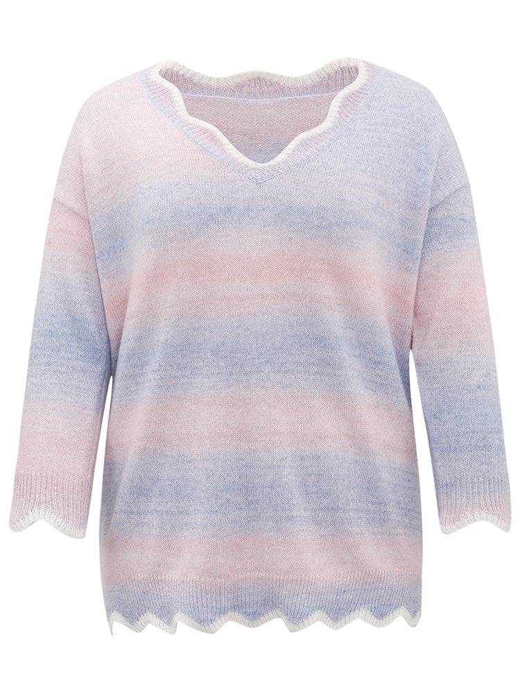 Anti-Pilling Ombre Heather Scalloped Trim Pullover