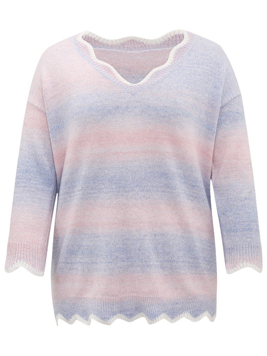 Anti-Pilling Ombre Heather Scalloped Trim Pullover