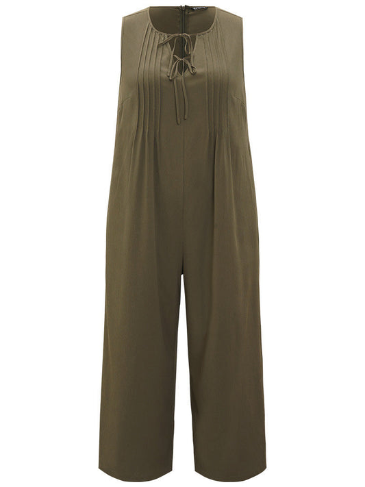 Plain Knot Neck Pocket Plicated Detail Tank Jumpsuit