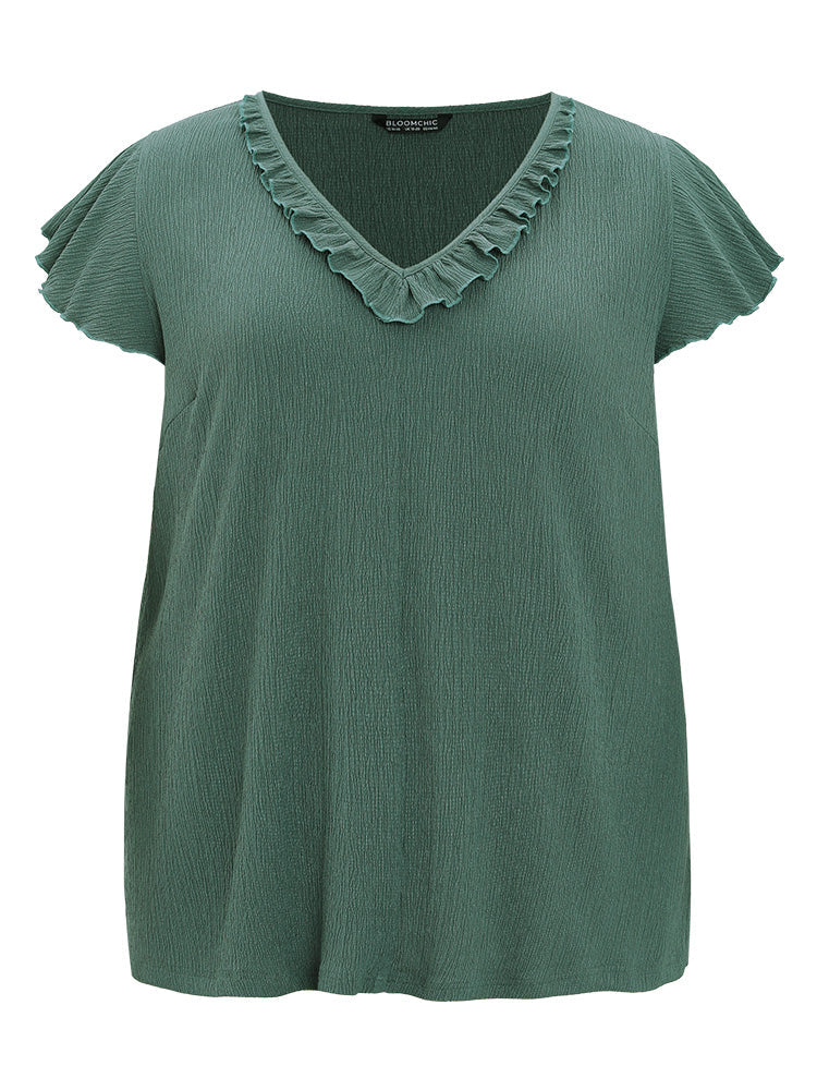 Plain Ruffle Trim Cap Sleeve Blouse