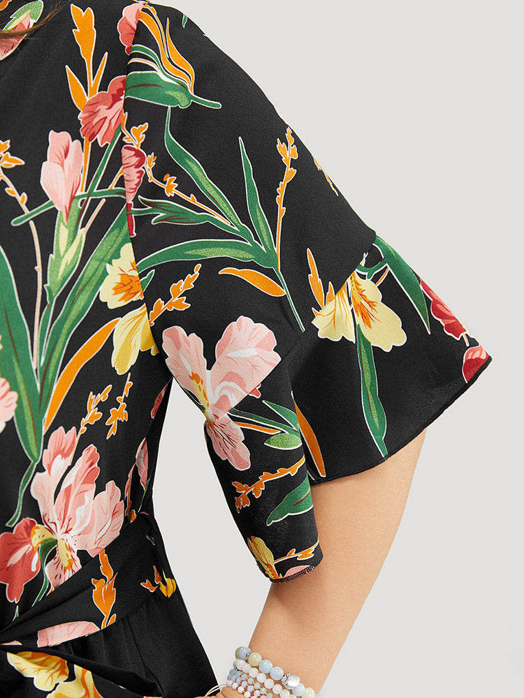 Floral Pocket Wrap Belted Ruffle Sleeve Jumpsuit