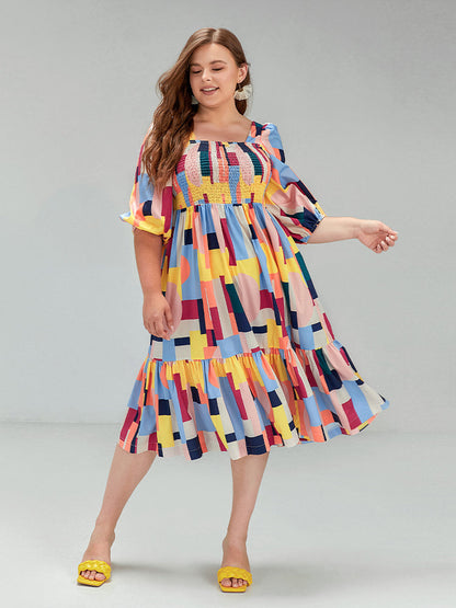 Geo Print Square Collar Dress