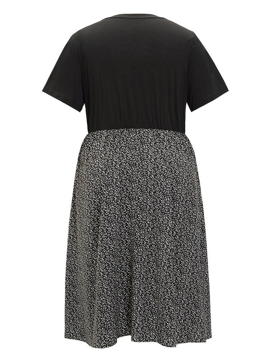 Ditsy Floral Patchwork Notched Pocket Button Detail Ruffle Hem Dress