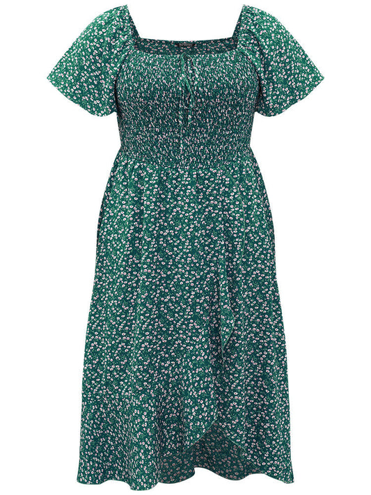 Ditsy Floral Shirred Bowknot Pocket Wrap Hem Dress