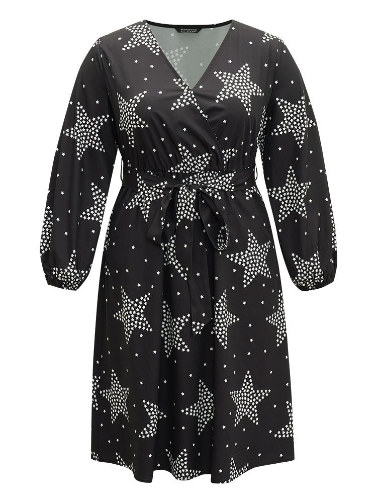 Star Print Wrap Belted Lantern Sleeve Dress