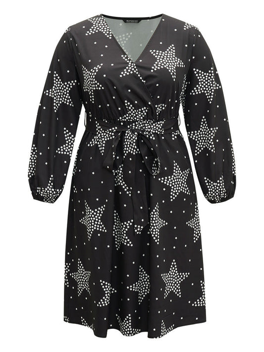Star Print Wrap Belted Lantern Sleeve Dress